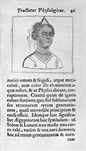 En kvinde har sort hud. Side taget fra "" Tractatus physiologicus de pulchritudine""" omhandler Ernesto Venio (Ernestus Vaenius), der forsvarer skabelsens skønhed mod en anonym modstander. 1612 af Unknown artist