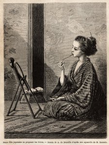 En ung pige fra Yedo (eller Edo, det nuværende Tokyo), der maler sine læber foran sit spejl, har sine dimensioner lakkassen, der indeholder hendes fornødenheder: kamme, børster og hårnåle, tandpulver, rispulver og anden kosmetik. Gravering til illustration af Unknown artist