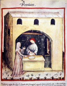 En ung kvinde køber æg af en forhandler. Belysning fra malkning af medicin og diætetik "" Tacuinum sanitatis"" af Unknown artist