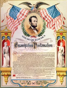 Abraham Lincoln og hans proklamation af frigørelsen af slaver (flag og ørn). 22/09/1862. af Unknown artist