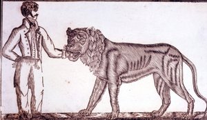 Reklame for cirkus i 1800, der viser en tæmmer, der stikker hånden i munden på en løve. af Unknown artist