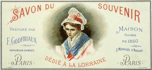 Reklamemærke for "Soap du souvenir, udarbejdet af F. Godfriaux - Maison grundlagt i 1850". Kromolitografi 1800-tallet. af Unknown artist