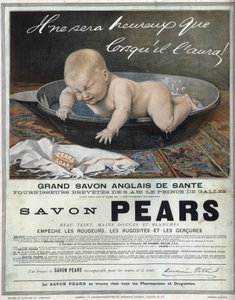 Annonce fra 1889 for den engelske sæbe "" Pears"" store engelske sundhedssæbe. En baby i sit bad laver et indfald (græder) og forsøger at fange sæben. af Unknown artist