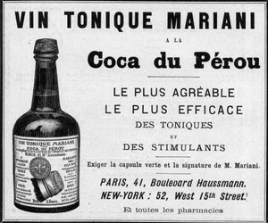 Reklame fra 1889 for "" Wine tonic Mariani a la coca du perou"" (kokain) af Unknown artist