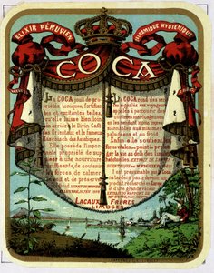 Reklame for Coca (produkt udvundet af kokain): "" The Peruvian Balsamic Hygienic Exilir COCA"", kromolitografi fra det 19. århundrede. af Unknown artist