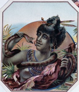 Afrikansk sort kvinde og slange - Cigarkasselabel, slutningen af det 19. århundrede af Unknown artist