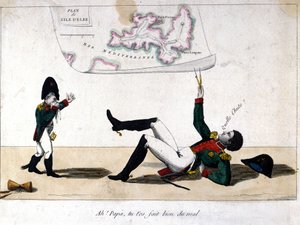 Åh, far, du sårede dig selv. Tegnefilm om Napoleon Bonapartes eksil på øen Elba. af Unknown artist