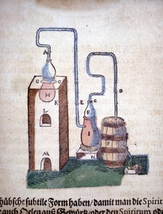Alkymi: Apparat til destillation, taget fra en bog af Pietro Andrea Mattioli (Matthiole) (1500-1577). Frankfurt af Unknown artist