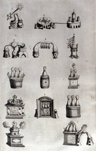 Alkymi: tavle, der repræsenterer forskellige modeller af destillationsapparater og destillationsapparater. Athanase Kircher (eller Athanasius Kircheri 1602-1680), tysk jesuite. 1600-tals stik. af Unknown artist
