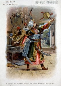 Ali - Baba (Ali Baba) og de 40 tyve (fortællinger om de tusinde og én nat): Røvernes høvding, der ser sin skat afsløret, sværger hævn - Pap fra "den gode marts", slutningen af det 19. århundrede af Unknown artist