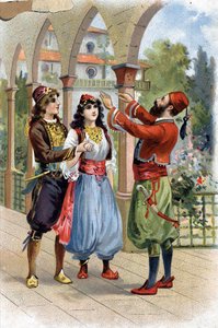 Ali Baba. (Ali-Baba) (Tales of the Thousand and One Nights): For at belønne Morgiane giver Ali Baba hende i ægteskab med sin søn. Kromolitografi af det 19. århundrede af Unknown artist