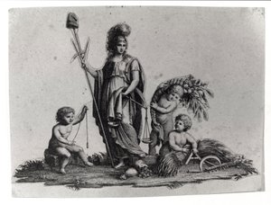 Allegori af den cisalpine republik (Cisalpina) skabt af Napoleon Bonaparte den 27/06/1797 efter fransk model i Italien, som blev til den italienske republik i 1802. Den franske republiks symboler er repræsenteret. Gravering Museo del risorgimento, Milano. af Unknown artist