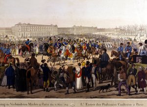 Allierede gik ind i Paris den 31. marts 1814 (Rusland Alexander I, den østrigske kejser Frans Joseph I og den preussiske kong Frederik Vilhelm III.) 19. århundredes gravering af Unknown artist