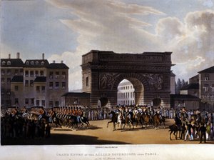 Allierede gik ind i Paris den 31. marts 1814 (Rusland Alexander I, den østrigske kejser Francois I og den preussiske kong Frederik William III.) gravering af 1826 af Unknown artist