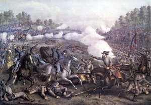 Amerikansk borgerkrig (1861 - 1865): Slaget ved Opequon eller Tredje Slaget ved Winchester, Virginia 19. september 1864. Indgravering af det 19. århundrede. af Unknown artist