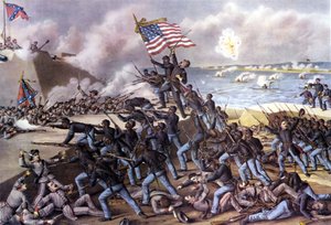 Amerikansk borgerkrig (1861 - 1865): angreb på Fort Wagner på Jekyll Island ud for Georgia af 2000 sorte frivillige i juli 1863. Indgravering af det 19. århundrede. af Unknown artist