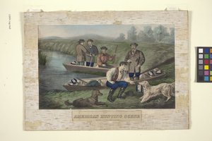 Amerikansk jagtscene (håndfarvet litografi) af Unknown artist