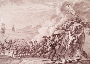 Amerikansk uafhængighedskrig: Den franske hærs invasion af Dominica den 7. september 1778 (gravering af Unknown artist