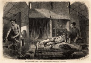 Et Annamit-interiør i Lakon (Laos). Gravering til illustration af udforskningsrejsen i Indokina af Francis Garnier, løjtnant de Vaissseau, i 1866-1868, udgivet i "" Le tour du monde""" 1870-1871, redigeret af Edouard Charton, udgave Hachette, Pa. af Unknown artist