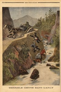 Et uheld med en tank på en bænk i Savoie, køretøjet vælter, og passagererne udfældes i Arly. Indgravering i "" Le petit journal"" 2/08/1896. Selvas samling. af Unknown artist