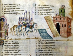 En hær nærmer sig et slot. Miniature af "Roman de Troy"" af Benoit de Sainte Maure. 1300-tallet, Biblioteca Marciana, Venedig af Unknown artist