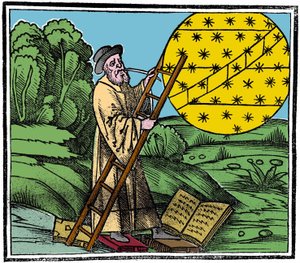 En astronom sætter en stige for at klatre op i himlen. af Unknown artist