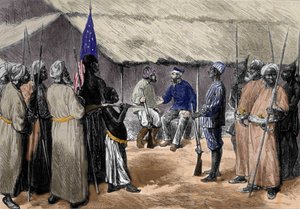 Et møde mellem David Livingstone (1813-1873), en engelsk missionær og opdagelsesrejsende i Afrika, og Henry Morton Stanley, Wales-journalist, opdagelsesrejsende i Afrika (1841-1904) i en landsby i Centralafrika. af Unknown artist