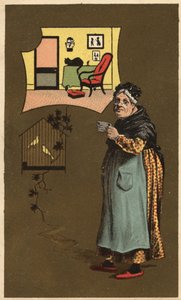 En gammel kvinde holder en kop nær et bur med fugle. Anonym kromolitografi, slutningen af det 19. århundrede. af Unknown artist