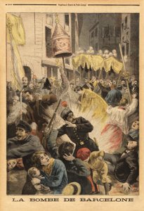 Anarkistisk angreb i Barcelona, bombeeksplosion i procession, der forlader kirken Santa Maria, street nuevos cambios. Indgravering i "" Le petit journal"" 21/06/1896. Selvas samling. af Unknown artist