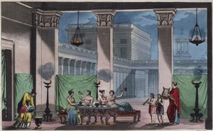Det antikke Grækenland - Triclinium - indgravering fra "" Skikke og traditioner for alle folk i universet. Det vil sige historien om regeringen, lovene, militsen, om alle nationers religion fra de fjerneste tider til i dag "1856 af Unknown artist