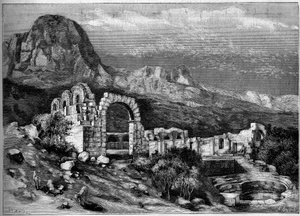 Gammel arkitektur: ruinerne af det romerske tempel Zaghouan (Tunesien). Indgravering af Riugel i "" The Illustrous World"" nr. 1308 af 22. april 1882. af Unknown artist