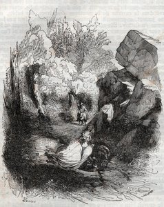 Angelique (Angelica) flygter fra den gamle eremit - indgravering af 1851 fra "" Furious Roland"" (Orlando furioso) (1500-tallet) af Ludovico Ariosto, kendt som Ariosta - Udgave oversat fra italiensk af greven af Tressan og udgivet af Gustave Harvard 1 af Unknown artist