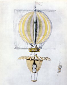 Anonym tegning af en sejlende luftskibsballon med en keglefaldskærm. af Unknown artist
