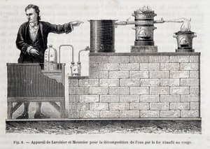 Apparat af Antoine Laurent de Lavoisier og Meusnier til nedbrydning af vand med jern opvarmet til rødt - i "" Les wonders de l
