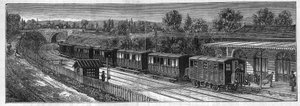Anvendelse af Faure-batterier: Elektrisk tog på en jernbanestemme i en station. Gravering i "" Le Monde Illustré"" af Unknown artist