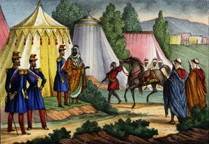 Arabisk leder tilbyder en hest til en officer fra den franske hær i Afrika, Algeriet af Unknown artist