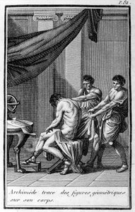 Archimedes sporer geometriske figurer på sin krop. af Unknown artist