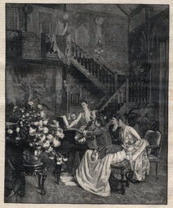 Omkring et partitur - Jules Massenet (1842-1912), fransk komponist, der spiller med vennerne "Le portrait de Manon" - Indgravering i "Le Progres illustrious" fra 1895 af Unknown artist
