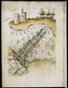 Arrangement af en træbro - Manuskript: pergamentark af en ingeniørmanual til opførelse af civile, religiøse og militære bygninger, anonym, slutningen af det 15. århundrede (figur med kinesisk blæk) af Unknown artist