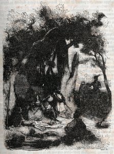 Ankomst af Rodomont og Mandricard til Merlin-fontænen - Indgravering af 1851 fra "" Roland Furieux"" (Orlando den Rasende) (1500-tallet) af Ludovico Ariosto, kendt som Ariosta - Udgave oversat fra italiensk af greven af ​​Tressan og udgivet ved af Unknown artist