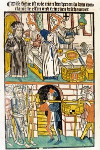 Ankomst af mad, så medlemmerne af Konciliet i Konstanz (1417), hvor pave Martin V blev valgt, kunne spise. "Das Concilium" af Unknown artist