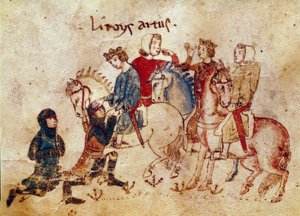Arthur-legende: "" Kong Arthur blødgørende riddere (Meliadus (eller Meliodas), Esclabor og Arfasar (eller Arphasar)"" Miniature fra "" Meliadus, bror til Tristan"" Venedig Biblioteca Marciana fra det 14. århundrede af Unknown artist