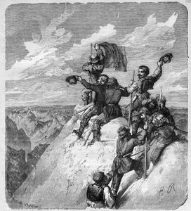 Ascension of the Illimani (6.439 m) (Nevado Illimani, toppen af Paris) af Charles Wiener (1851-1913) fransk opdagelsesrejsende og diplomat og hans ledsagere - indgravering i "" journal des voyages""" 1887 af Unknown artist