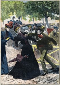 Mordet på imponen Elizabeth af Østrig (Sissi) af den italienske anarkist Luccheni i Genève i 1898. Illustration fra 1898. Privat samling - Mordet på kejserinde Elisabeth af Østrig (Sissi) af den italienske anarkist Luigi Lucheni, i Gen. af Unknown artist
