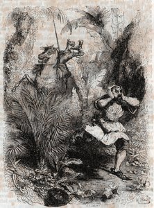Astolphe får Caligorant til at flygte - 1851 gravering fra "" Furious Roland"" (Orlando furioso) (1500-tallet) af Ludovico Ariosto, kendt som Ariosto - Udgave oversat fra italiensk af greven af Tressan og udgivet af Gustave Harvard 1851 af Unknown artist