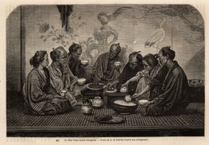 Ved en borgerlig families middag samles mænd på en tatami, omkring små sofaborde, spiser ris i en individuel skål og serverer kød og grøntsager i en fælles ret, mens de drikker te, serverer to kvinder servicen. Indgravering til illustration af rejsen til J af Unknown artist