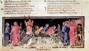 Til venstre står Dante og Virgil ved bredden af floden Styx, Acherons dystre kyst. I centrum færger Charon Dante og Virgil, som ser meget foruroligede ud (sang 3 fra Helvede, i den guddommelige komedie) - miniature af Unknown artist