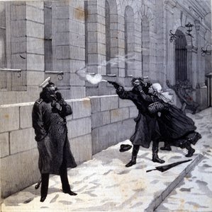 Angreb rettet mod zar Alexander II (1818 - 1881) i St. Petersborg i 1879. Indgravering af det 19. århundrede af Unknown artist