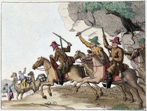 Angreb af kamelkaravane af en gruppe kirgisere (centralasiatiske tyrkere af mongolsk oprindelse) til hest, Deb. 19. århundrede af Unknown artist