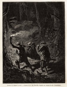 Tilbage fra jagt om natten bliver byttet, en bjørn, bundet og suspenderet fra en gren, som jægerne bærer på skulderen. Gravering til illustration af historien Quatre mois en Florida, af M. Pousselgue, i 1851-1852, udgivet i "" le tour du monde", under af Unknown artist